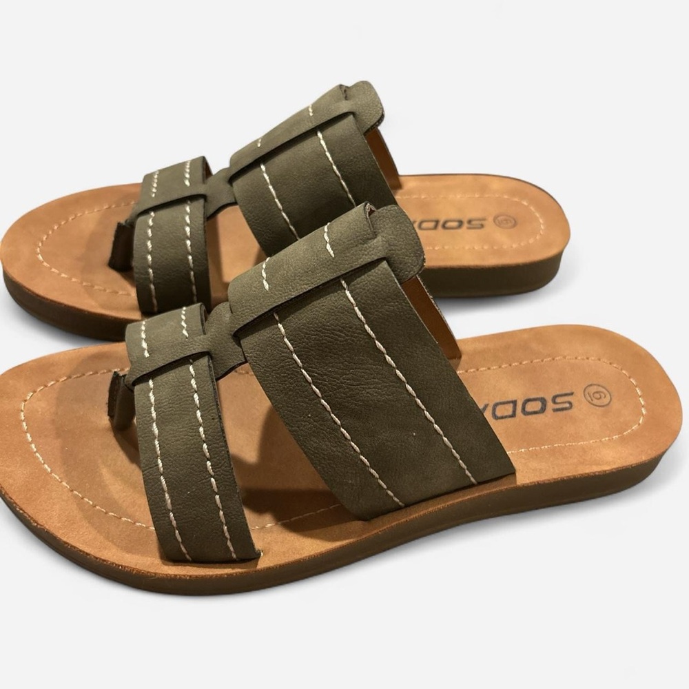 Olive Green Slide Sandals with Contrast Stitching